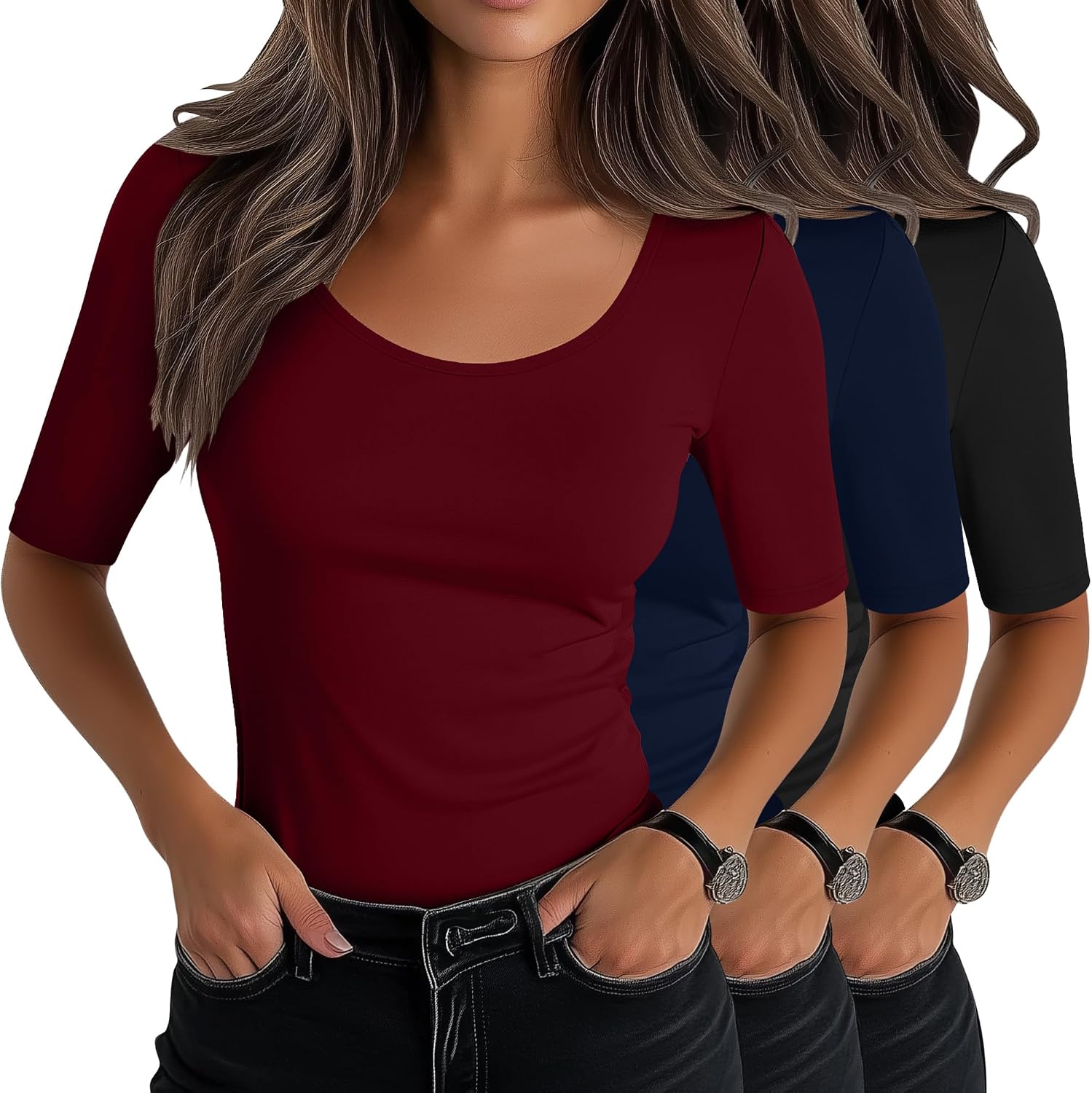 Neer 3 Pack Womens Scoop Neck Tops Half Sleeve Stretchy Cotton Blend Slim Fitted T-Shirts Tight Casual Basic Summer Tees