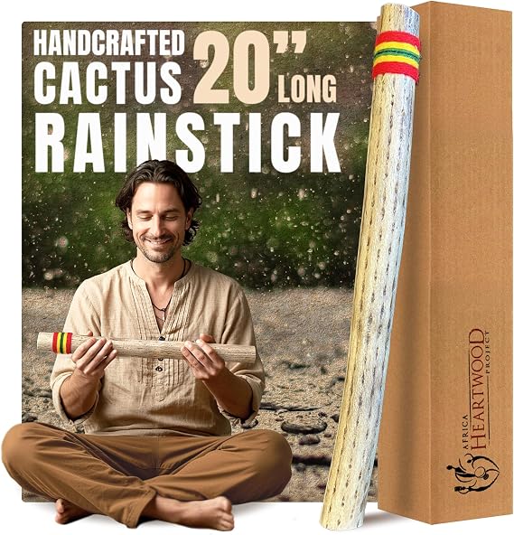 Africa Heartwood Project 20" Cactus Rainstick from Chile - Authentic Handcrafted Rain Stick Musical Instrument with Rasta Yarn Wrap and Durable Sealant
