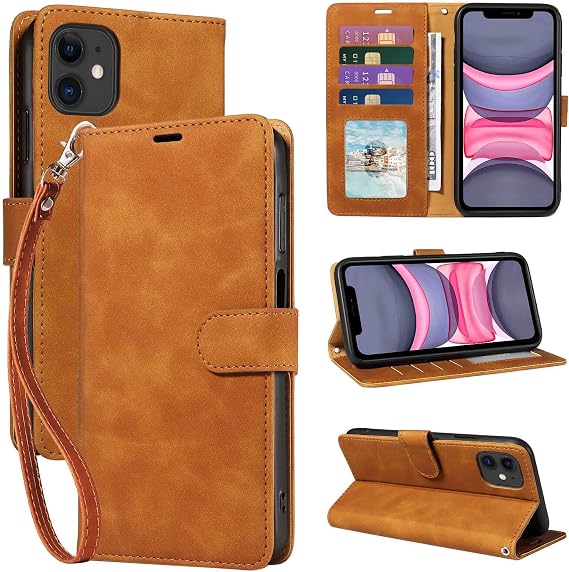 for iPhone 11 Case Wallet, RFID 4 Card Slots, Wrist Strap, Brown