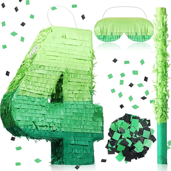 WinnerWhy Number 4 Pinata 16 Inch Green Birthday Pinata Stick Blindfold
