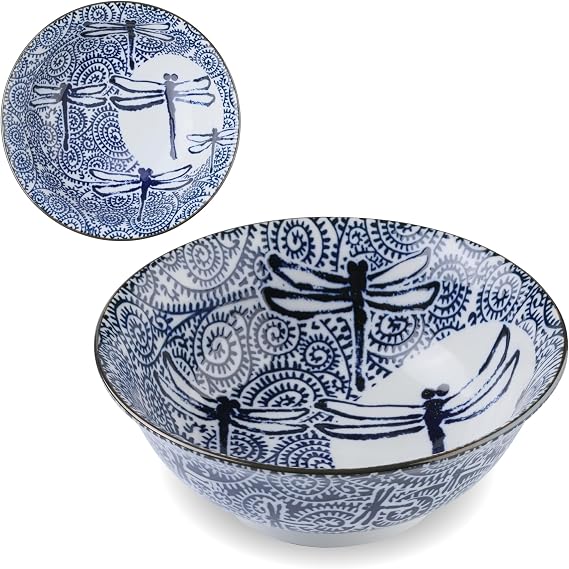 Ramen Bowl 44.9 oz 8.1" Blue Dragon Fly Design Mino Ware