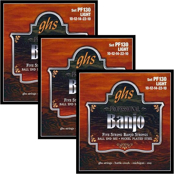 GHS Strings - 5-String Banjo Strings - ball-end/loop- end - Nickel Plated Steel - Light Gauge - 010-022 - Model: PF130 SET - Pack of 3 SETS