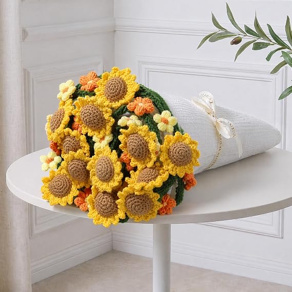 Knitted Flower Throw Floral Bouquet Blanket, 43inch Handmade Crochet Blanket with Sunflowers, Cute Romantic Gift for Her Girlfriend Mom Mothers Day Valentine Wedding Anniversary Birthday, Yellow