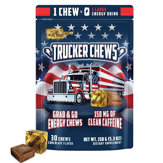 YouChews Trucker Chews, Energy Bites 150mg of Caffeine, No Jitters Grab-and-Go Energy Chews, Individually Wrapped Daily Energy Support for Long Hauls and On-the-Road Drivers, 30 Count