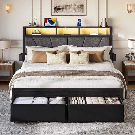 LARMACE Full Size Bed Frame with 2 Storage Drawers, Upholstered Headboard, LED Light & Charging Station, Metal Platform Bed Frame, No Box Spring Needed, Easy Assembly, Black Oak