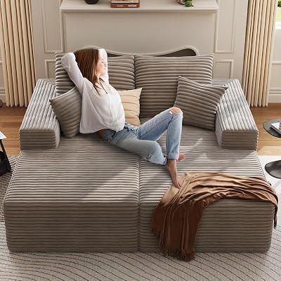 Oversized Double Chaise Lounges Indoor, 74.8 Upholstered Sectional Cloud Chaise Lounge Couch Luxury Sofa Bed Deep Seat, Modern Corduroy Lounge Chair for Living Room Bedroom Reading, Camel