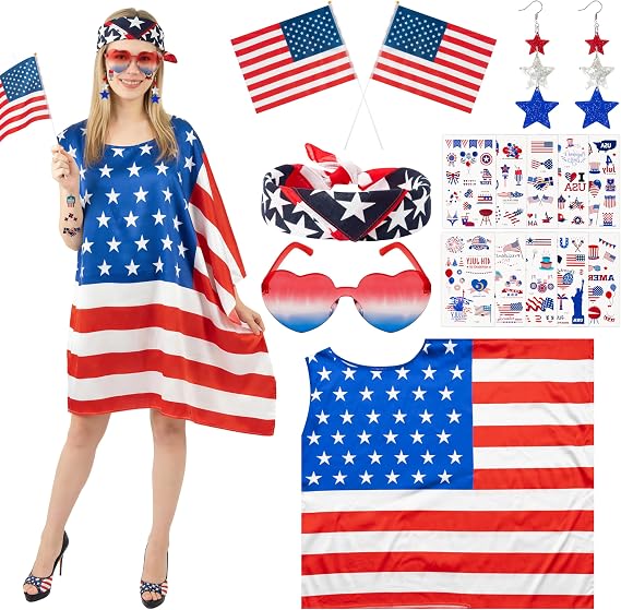 4th of July Outfits Costume for Women - Patriotic Costume Accessories with American Flag Dress Red White Blue Earrings Sunglasses Hairband American Flags Sticker Independence Day Parade Supplies Favor