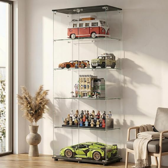 LUXYERD Glass Display Cabinet with Lock, 5-Shelf Double Door Curio Cabinet with Tempered Glass Shelves, Floor Standing Display Case for Collectibles and Decor, 31.7" W x 14.3" D x 74.5" H