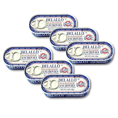 DeLallo Anchovy Fillets, Boneless and Skinless, Tinned Fish Packed in Olive Oil and Sea Salt, Briny Savory Flavor, Meaty Texture, Kosher, Non-GMO, Gluten-Free, No Preservatives, 2 oz Can, 6 Pack