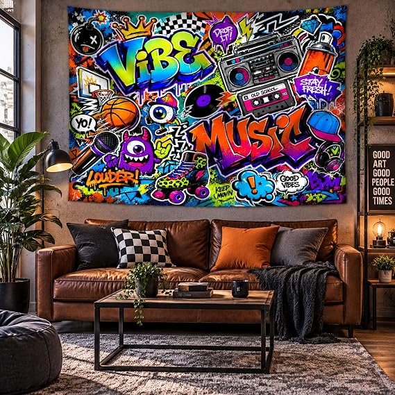 Modern Street Graffiti Tapestry, Creative Urban Street Music Hip Hop Art for Teen Boys & Girls, Aesthetic Wall Hanging for Bedroom or College Dorm - 80"X60"