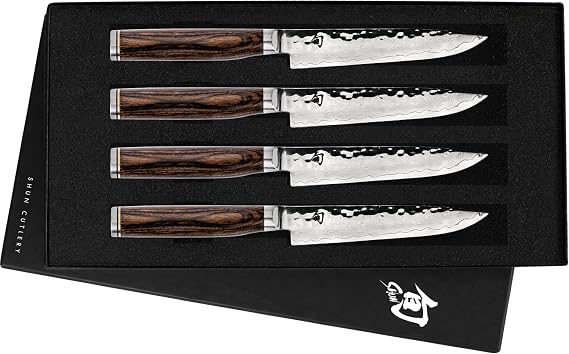Shun Premier 4 Piece Steak Knife Set | 5" Knives, Handcrafted Japanese Steak Knife Set, VG-MAX Core, Damascus Stainless Steel Cladding, Pakkawood Handle