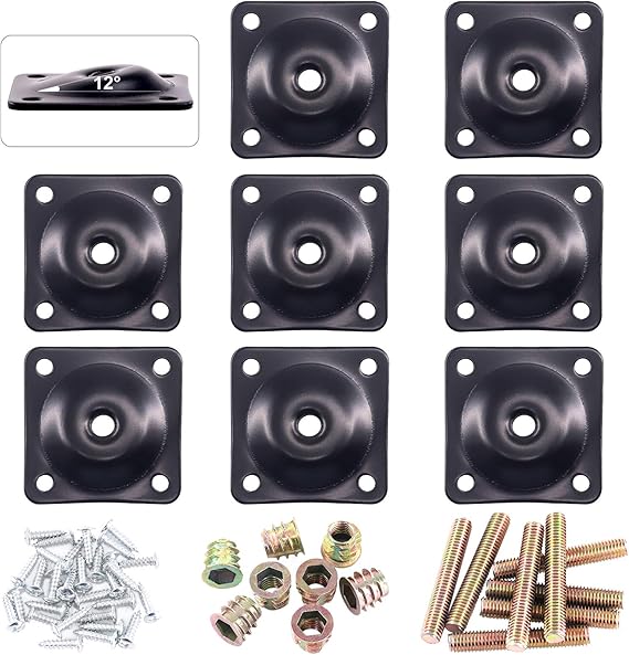 Glarks 8 Sets Black Furniture Leg Mounting Plates Set, 8Pcs 12 Degree Leg Attachment Plates with 40pcs 5/16" Hanger Bolts Screws for Furniture Sofa Couches Seats (12 Degree)