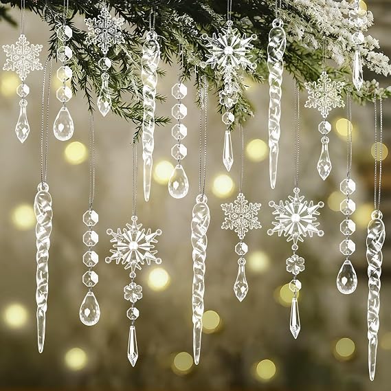 30-Piece Clear Acrylic Snowflake & Icicle Christmas Tree Ornaments