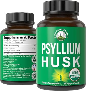 Peak Performance USDA Organic Psyllium Husk Vegan Capsules Made with Seed - Fiber Supplement for Gut - Digestive Prebiotics - for Digestion and Roughage Without Bloating - Vegan, Gluten-Free Pills