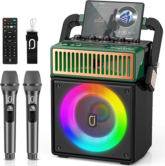 JYX 200W Retro Karaoke Machine with 2 Wireless Mics, 8" Woofer & Vocal Cut