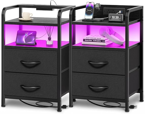 Huuger Nightstands Set of 2, Night Stand with LED Lights, Charging Station