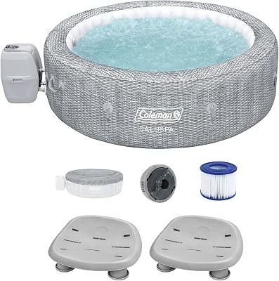 Bestway Coleman Sicily AirJet Inflatable Round Hot Tub with EnergySense Cover & 2 SaluSpa Underwater Non-Slip Pool Spa Seat with Adjustable Legs, Gray