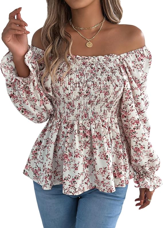 Xixiuly Women's Puff Sleeve Square Neck Floral Off Shoulder Blouse Tops Long Sleeve Smocked Ruffle Hem Flowy Casual Shirts