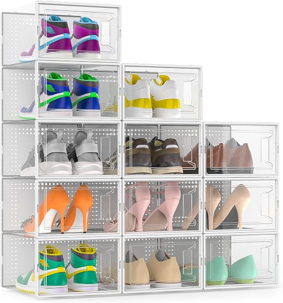 12 Pack X Large Shoe Organizer Storage Boxes for Closet, Modular Space Saving Shoe Boxes Clear Plastic Stackable Sneaker Containers Display Case with Lids, White