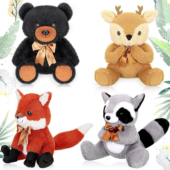 Zomiboo 4 Pcs Woodland Stuffed Animal Jungle Animal Toy Set Including Plush Elk Fox Raccoon Bear Realistic Black Toy Woodland Forest Animals Mini Plush Animals Toys for Birthday