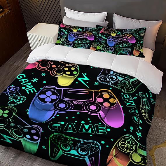 Sunnycitron Colorful Gamepad Gamer Comforter Set for Boys Gaming Bedding Set Teens Game Room Decor Twin (1 Comforter + 2 Pillowcase)