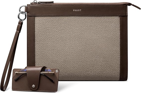 VULKIT Clutch Bag for Men with Removable Glasses Case, Large Mens Wrist Band Wallet, Business Hand Bag, Mocha Beige