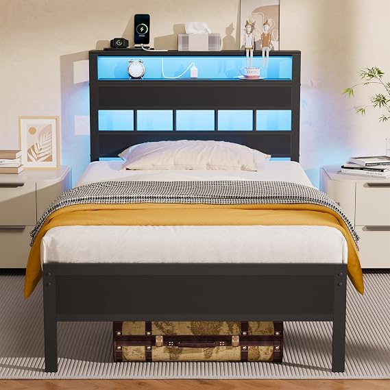 Furnulem Twin Bed Frames with Charging Station and LED Lights, Black Oak