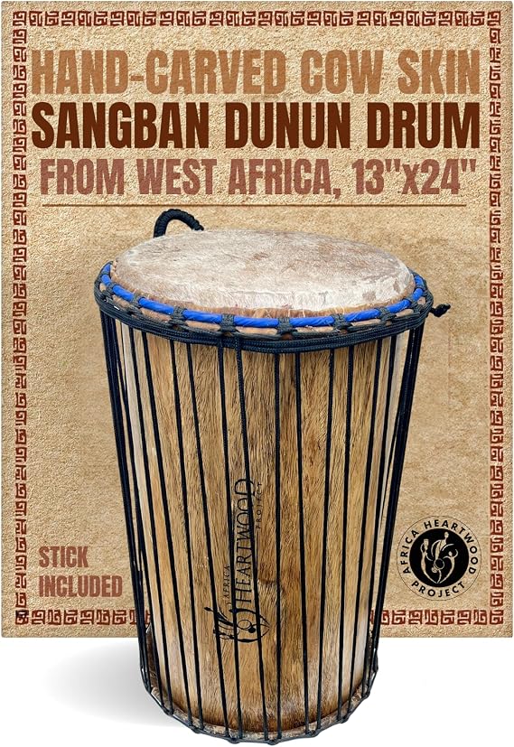 Africa Heartwood Project Ghana Sangban Dunun Drum - "12 X 24" - African Cow Skin Hand Drum, Handcrafted in Africa