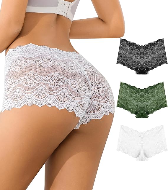 Sexy Underwear for Women High Waisted Cheeky Panties Lace Boyshorts Comfort V Waist Ladies Panty 3 Pack