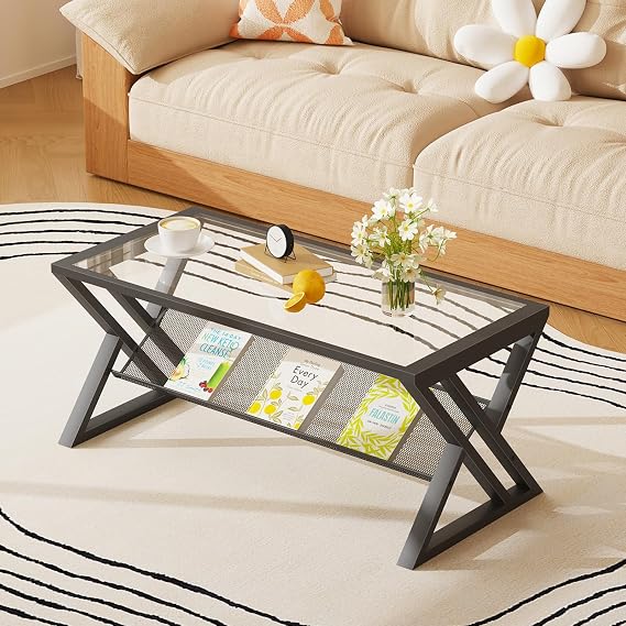 Wolawu Glass Coffee Table Living Room Table with Storage Shelf, Black Glass Table Simple Modern Rectangular Tables with Sturdy Black Metal Frame,Industrial Glass Coffee Table for Bedroom Home Office