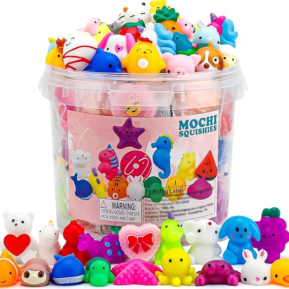 100 Pack Mochi Squishies Toys Set, Fun and Cute Party Favors for Kids,Stress Relief Toys,Treasure Box Toys for Classroom Prizes,Goodie Bags Fillers with Storage Bucket