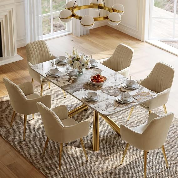 71" Modern Sintered Stone Dining Table for 6, Luxury Rectangle Kitchen & Dining Room Table with Glossy Stone Top and Gold Stainless Steel Trestle Base, for Family Gatherings