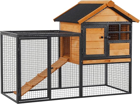 PawHut 2-Level Rabbit Hutch Bunny House with Weatherproof Hinged Asphalt Roof, Removable Tray and Ramp for Outdoor