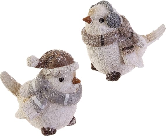 RAZ Imports Wintry White Resin Bird Figurines - Set of 2 Snowy Birds | Hand-Painted Holiday Glittered Birds in Winter Hats & Scarves for Christmas & Holiday Decor