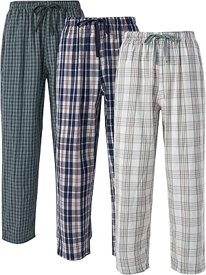 DAVID ARCHY Mens Pajama Pants Soft Cotton Plaid Sleepwear, Comfy Lounge Woven Pajamas Bottoms PJ Pant for Men, 3 pack