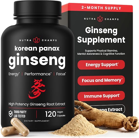 NutraChamps Korean Red Panax Ginseng Capsules with Ginkgo Biloba Extra Strength 20% Ginsenosides for Energy, Focus, Vitality & Immune Support