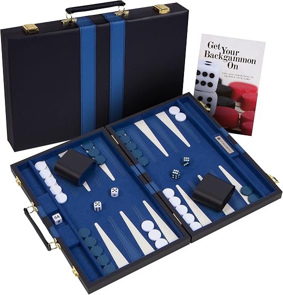 Get The Games Out Backgammon Set | Small | Blue | 2 Players | Foldable leatherette case | 15 pieces | Strategy & tip guide | Travel & family game nights