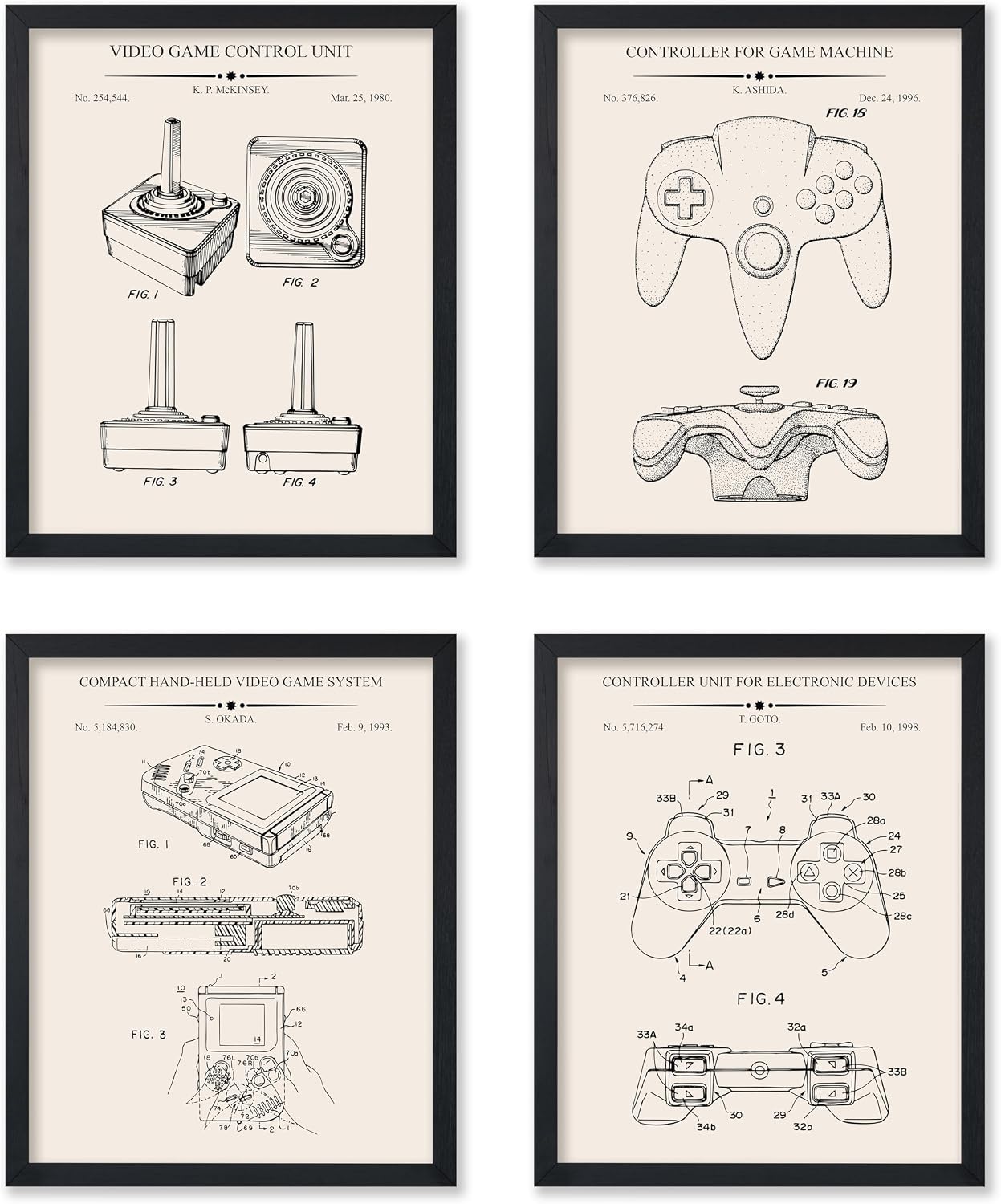 Monem Art 4-Piece Gaming Blueprint Poster - Video Game Patent Print - Joystick Art - Controller Art - Technical Drawing Art - Gameboy Art - Office or Kids Room Decor - 8x10 UNFRAMED Wall Art
