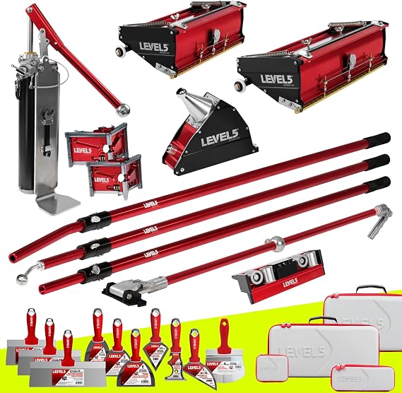 Drywall Finishing Set - LEVEL5 | Pro-Grade | 10/12" Flat Boxes, Corner Roller, 3"/3.5" Corner Finishers, 7" Corner Applicator, Handles, Compound Pump + Filler | Sheetrock Gyprock Wallboard | 4-622