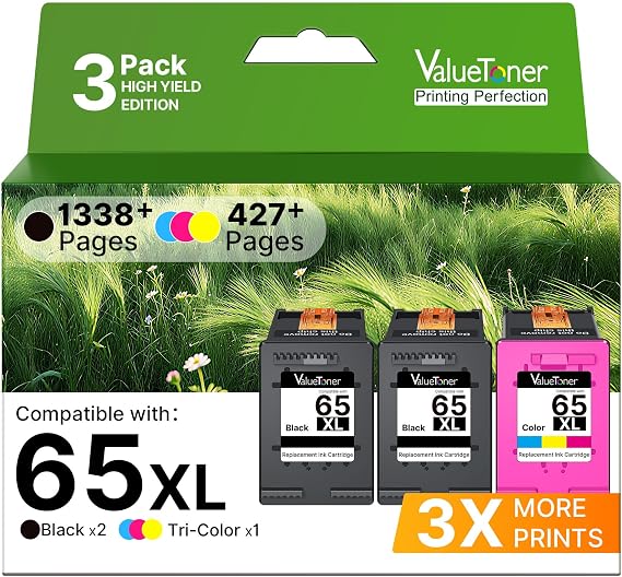 3-Pack 65 Ink for HP 65XL for HP 65 Ink Cartridges Black/Color Combo Pack