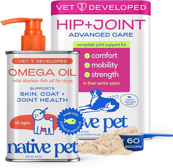Native Pet Omega 3 Fish Oil for Dogs 16Oz & Advanced Care Hip & Joint Supplement for Dogs 12.7Oz Powder for Mobility & Movement - Supports Healthy Skin, Coat, Joints, Cartilage & Muscle