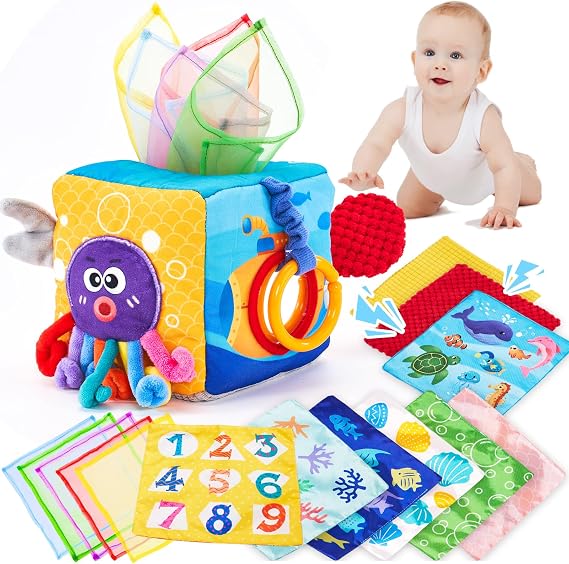 hahaland Baby Tissue Box Toy 6-12 Months Montessori Toys 6 7 8 9 Month Old | Textured Tails, Crinkle Tissues, Squeaky, Mirror, Pull & Hang Ring, Play Silks Sensoy Scarves Soft Baby Gift Busy Travel Toys