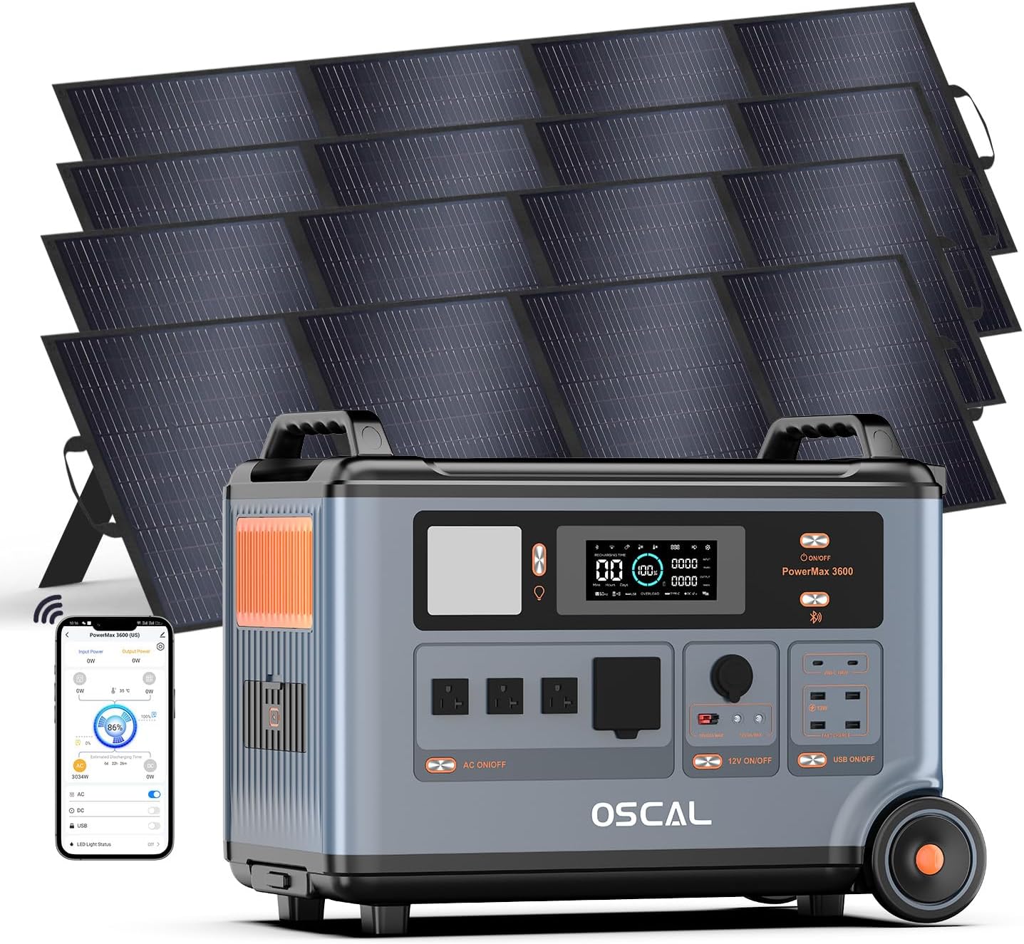 OSCAL Solar Generator 3.6kWh PowerMax 6000 with 4x200W Portable Solar Panel, 120V240V Power Station 6000W AC Outlets 7200W Peak, 2200W AC Charging2400W Solar Charging, Emergency for Home
