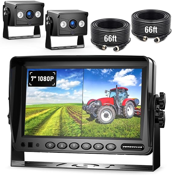 ZEROXCLUB 2 Wired Rear View Backup Camera System, 7" 1080P Monitor IP69K Waterproof Vibration-Proof 10G Reverse Camera, Dual Split Screen for Tractor, Truck, Trailer, Combine, Heavy Equipment, BH702