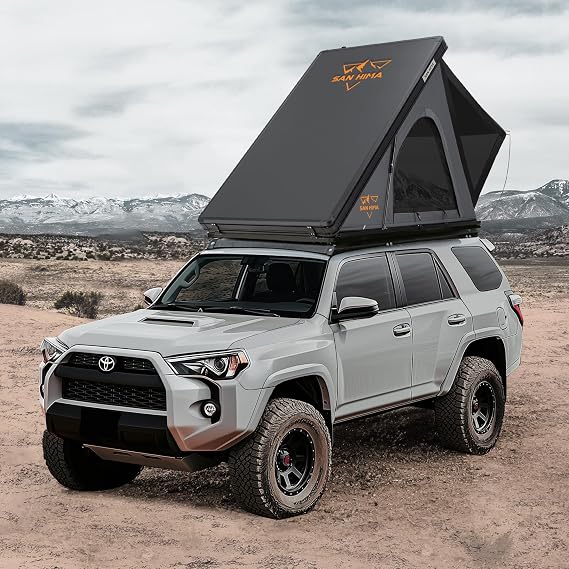 Sanhima Rooftop Tent Hard Shell - Hotham Lite Overland Aluminium Roof Top Tent 4.56" Slimline, w/Tri-Color LED Strip Light & 1.97 Thick Mattress, for Car SUV Truck Camping, 2-3 People