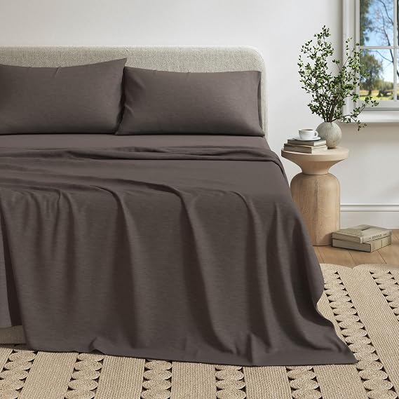 Great Bay Home Cotton Jersey Knit Twin Sheet Set - Ultra-Soft, Stretchy, Heathered Melange Bed Sheets - Cozy, Soft T-Shirt Sheet & Pillowcase Set (Charcoal)