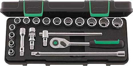 Stahlwille 96021180 3/8" Socket Set No. 45/14/5iQR, 19 Pieces (14 Sockets with bi-Hexagon, 1 Ratchet, 2 Extensions, 1 T-Handle, 1 Universal Joint), Made in Germany