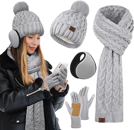 URATOT Women Winter Beanie Hat Scarf Gloves Ear Warmer 4 in 1 Set Beanie Pompom Hat Touchscreen Gloves Long Scarf Ear Warmer