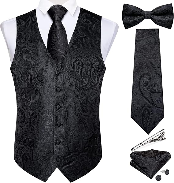 DiBanGu Men's Silk Paisley Vest and Necktie Set 6PCS Pre-tied Bow Tie Formal Waistcoat for Wedding Party