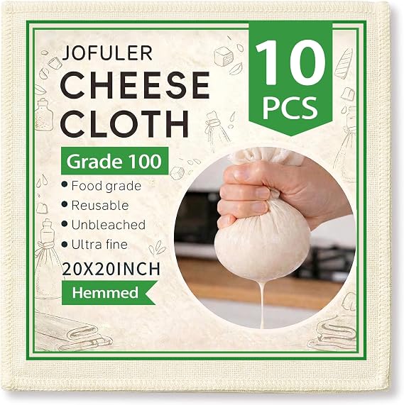 10 Pcs Unbleached Cheese Cloths, 20x20 Inch | Grade 100 Hemmed CheeseCloth for Cooking, Reusable Cotton Strainer for Juicing, Baking, Cheese and Yogurt Making
